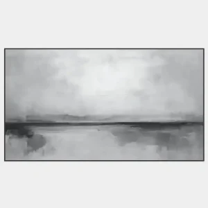 The abstract black and white image on canvas evokes a misty landscape with a horizon in the background.
