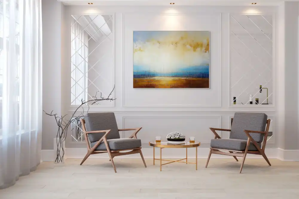 HIMMLISCHES MORGENROT – ABSTRAKTES BILD (DAA 116) 7 Abstraktes Bild einer Landschaft bei Sonnenuntergang mit warmen Goldtönen.