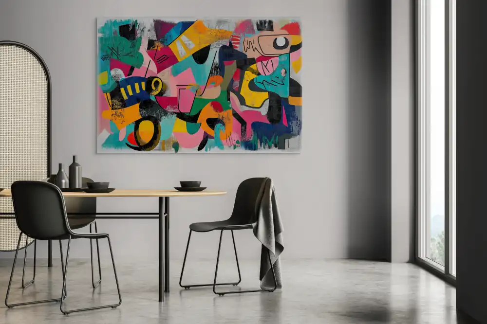 RHYTHM OF THE CITY - ABSTRACT PAINTING (DAA 118) 3 Abstract painting full of bright colours and expressive geometric shapes.