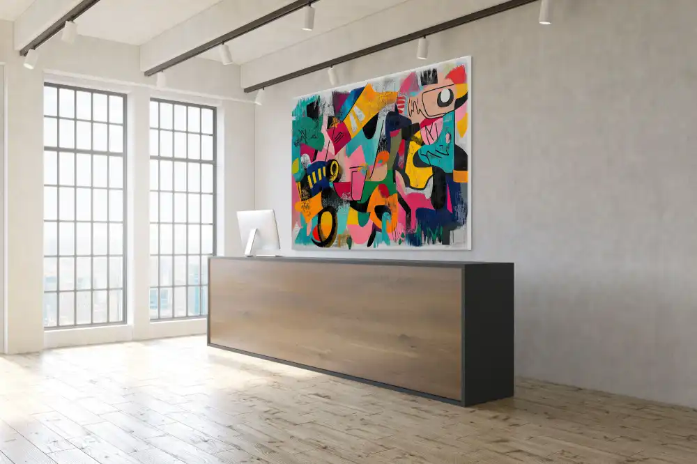 RHYTHM OF THE CITY - ABSTRACT PAINTING (DAA 118) 6 Abstract painting full of bright colours and expressive geometric shapes.