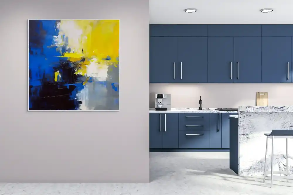 ŽLUTÉ SVĚTLO - ABSTRAKTNÍ OBRAZ (DAA 135) 3 Blue and yellow painting with abstract composition and strong colour contrasts in modern style.