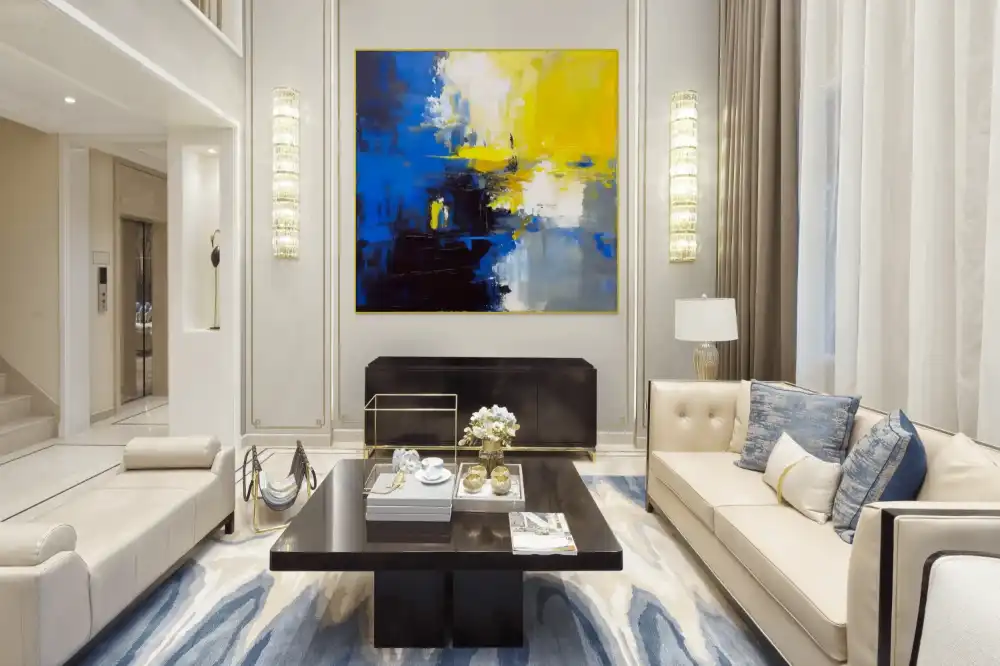 ŽLUTÉ SVĚTLO - ABSTRAKTNÍ OBRAZ (DAA 135) 7 Blue and yellow painting with abstract composition and strong colour contrasts in modern style.