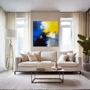 Blue and yellow painting with abstract composition and strong colour contrasts in modern style.