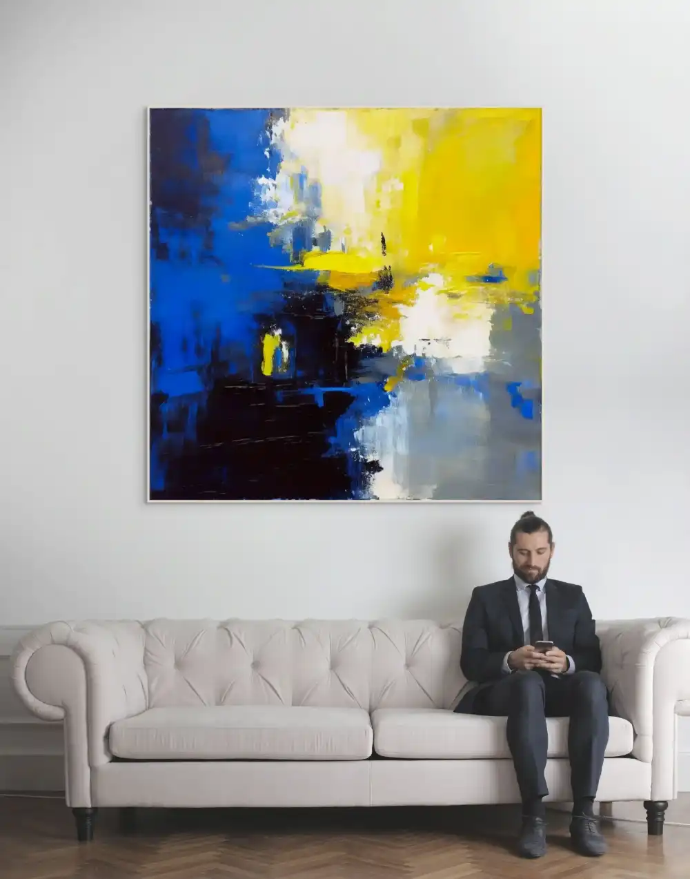 ŽLUTÉ SVĚTLO - ABSTRAKTNÍ OBRAZ (DAA 135) 8 Blue and yellow painting with abstract composition and strong colour contrasts in modern style.