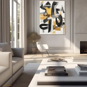 The abstract painting with a black and gold composition looks dynamic thanks to contrasting brushstrokes.