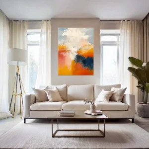 Abstract image in warm tones of orange and blue, evoking movement.