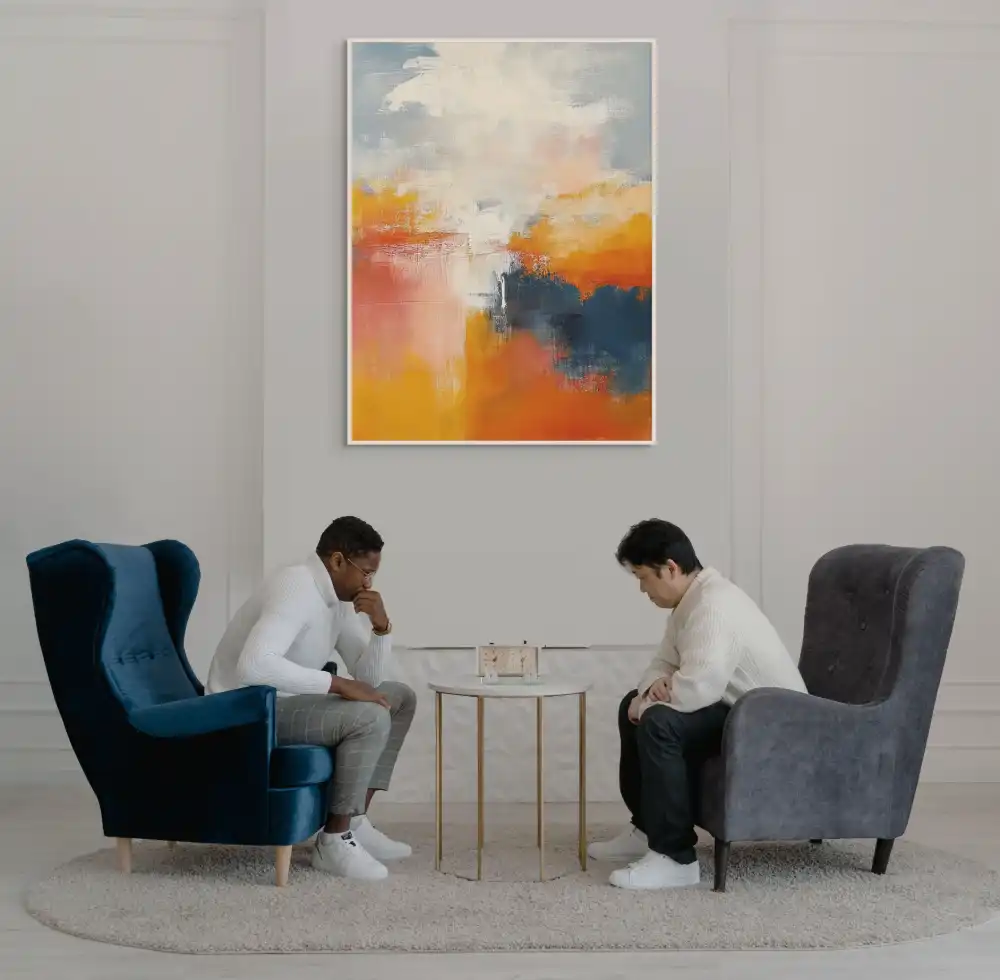NEBESKÁ HRA - ABSTRAKTNÍ OBRAZ (DAA 152) 6 Abstract image in warm tones of orange and blue, evoking movement.