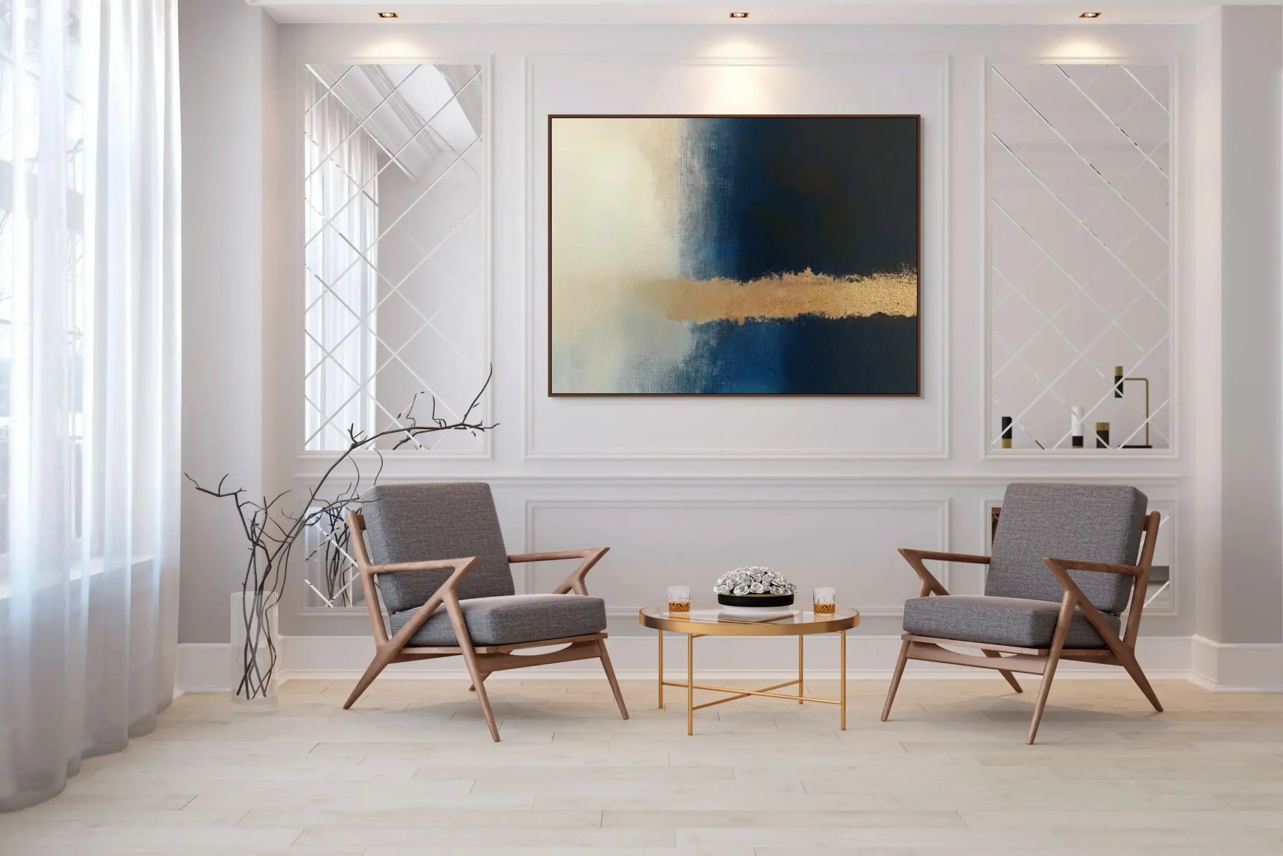 MEZI SVĚTY - ABSTRAKTNÍ OBRAZ (DAA 166) 4 This luxurious abstract painting suitable for modern interiors combines dark tones with a distinctive golden line.