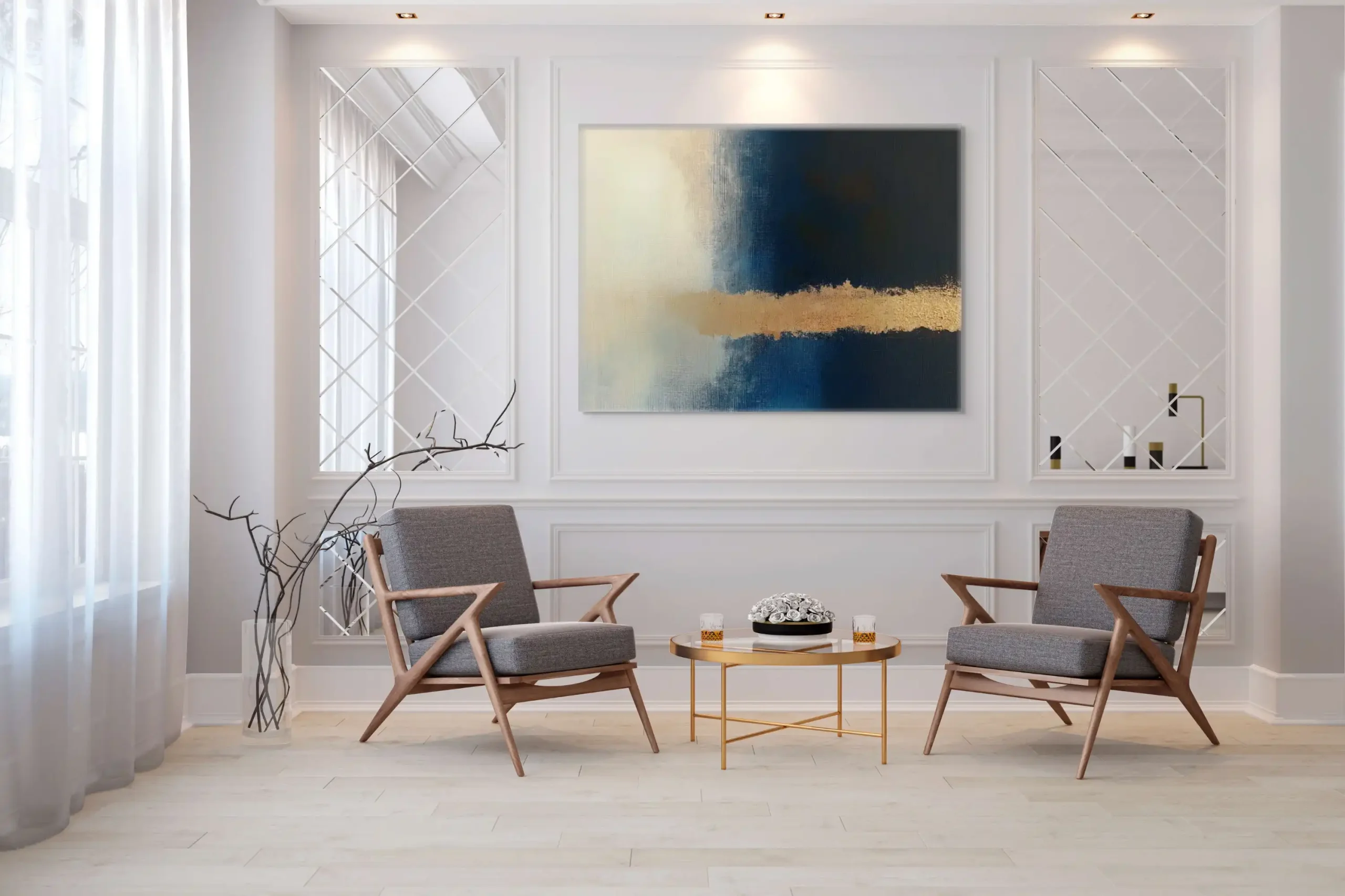 MEZI SVĚTY - ABSTRAKTNÍ OBRAZ (DAA 166) 5 This luxurious abstract painting suitable for modern interiors combines dark tones with a distinctive golden line.