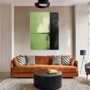 The abstraction combines green, white and black surfaces in a uniform geometric composition for a balanced effect.