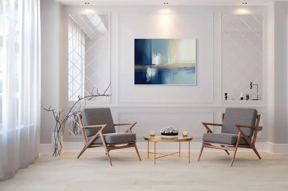 BLUE HORIZON - ABSTRACT PAINTING (DAA 174) 3 The abstract painting with a horizontal composition looks calm thanks to the blue and beige tones.