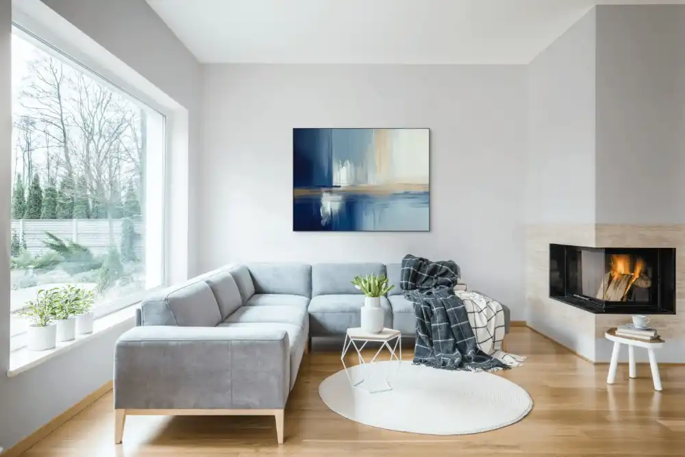 BLUE HORIZON - ABSTRACT PAINTING (DAA 174) 6 The abstract painting with a horizontal composition looks calm thanks to the blue and beige tones.