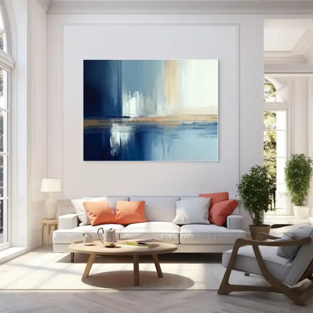 BLUE HORIZON - ABSTRACT PAINTING (DAA 174) 8 The abstract painting with a horizontal composition looks calm thanks to the blue and beige tones.