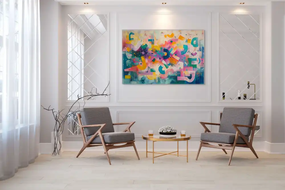 ABSTRACT ALPHABET - ABSTRACT IMAGE (EAA 118) 3 An abstract painting full of pastel tones and playful geometric composition.