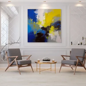 Žlutý obraz v abstraktním stylu s dynamickou kompozicí a výraznými kontrasty barev