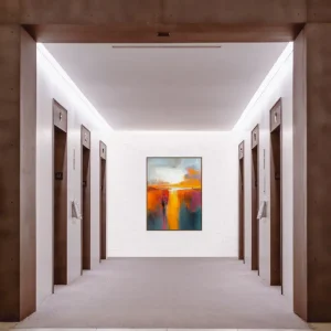 Abstract portrait image with dynamic transition of orange and blue tones.