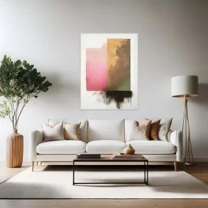 Image on canvas abstraction with minimalist shapes in pink-gold contrast