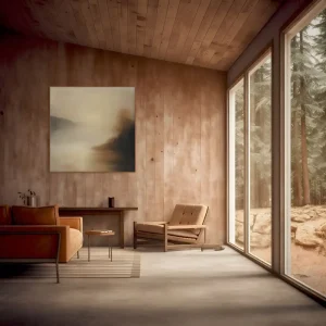 Abstraktní obraz krajiny v mlze navozuje tichou atmosféru s jemnými tóny a světlem.