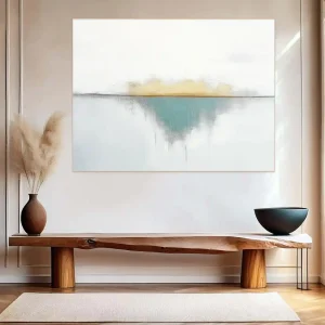 The abstract painting in minimalist style uses subtle transitions between white, green and gold.