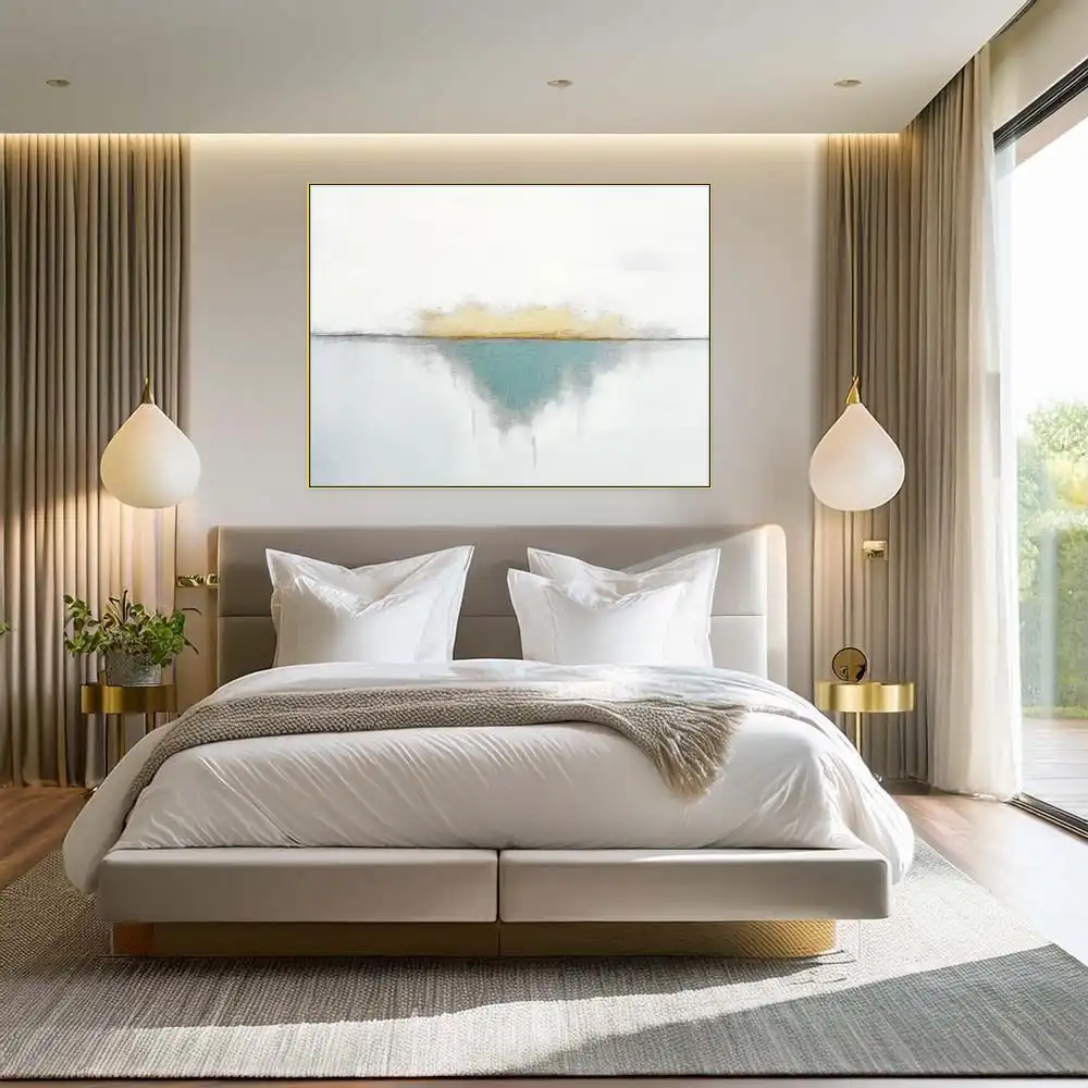 SVĚTELNÝ DOTYK - ABSTRAKTNÍ OBRAZ (EAA 166) 3 Das abstrakte Gemälde im minimalistischen Stil verwendet subtile Übergänge zwischen Weiß, Grün und Gold.