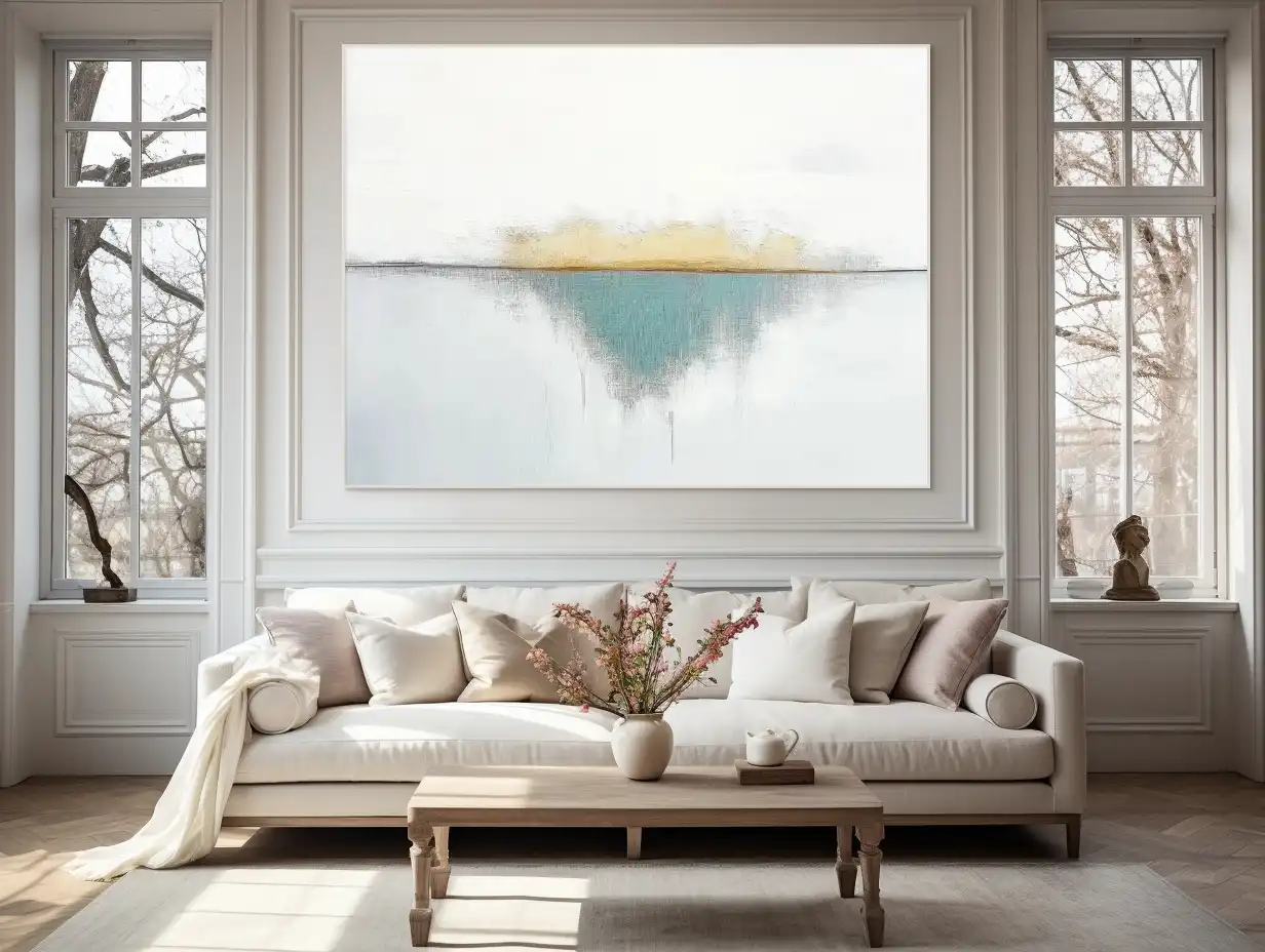 SVĚTELNÝ DOTYK - ABSTRAKTNÍ OBRAZ (EAA 166) 4 Das abstrakte Gemälde im minimalistischen Stil verwendet subtile Übergänge zwischen Weiß, Grün und Gold.