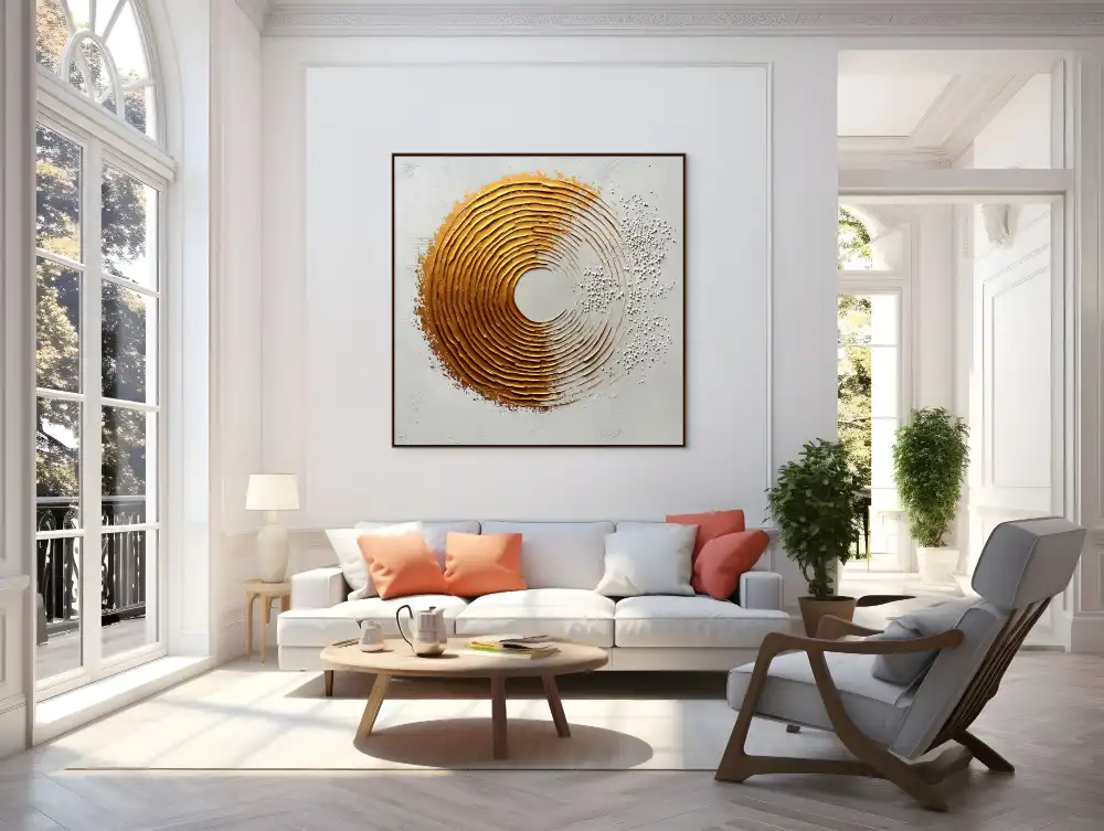 GOLDEN CIRCLE OF TIME - ABSTRACT PAINTING (EAA 167) 5 Geometric abstraction of a golden spiral in a contrasting composition with small white dots.