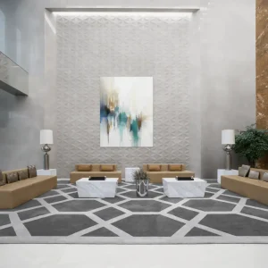 The designer wall painting painted with delicate strokes in a blue-gold scale looks calm and elegant.