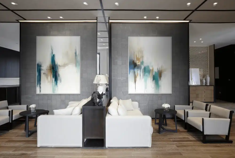 TRANSLUCENT HARMONY - ABSTRACT PAINTING (EAA 174) 3 The designer wall painting painted with delicate strokes in a blue-gold scale looks calm and elegant.