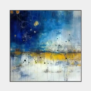 Abstract painting of the night sky with dark blue sky and star symbols on canvas