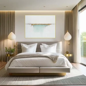 Abstraction with a golden horizon creates a calm and elegant impression with subtle transitions of blue and white.