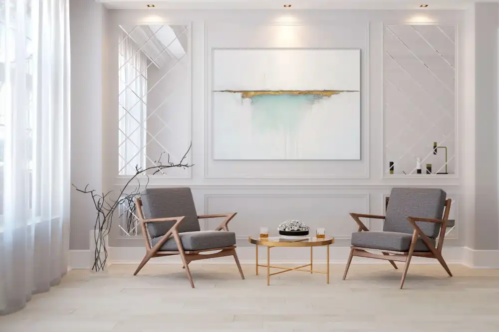 HRANICE SVĚTLA - ABSTRAKTNÍ OBRAZ (FAA 166) 3 Abstrakce se zlatým horizontem vytváří klidný a elegantní dojem s jemnými přechody modré a bílé.