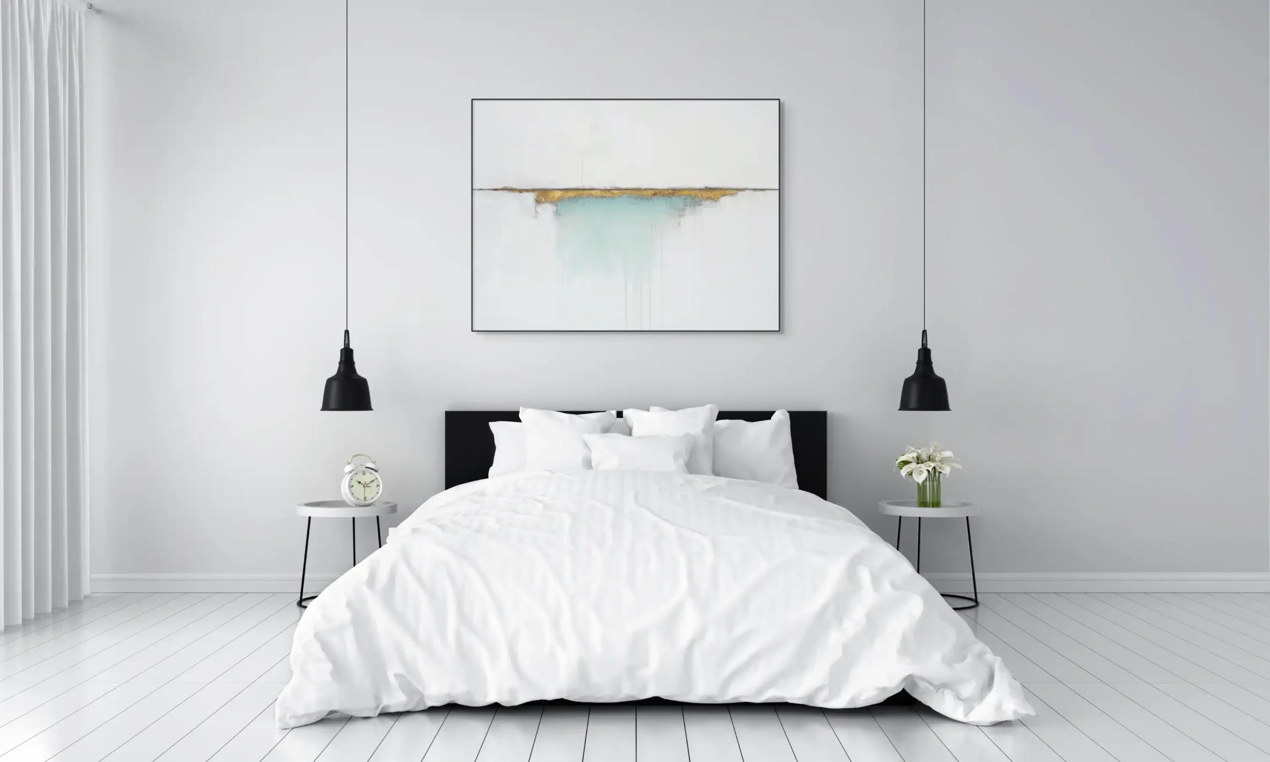 HRANICE SVĚTLA - ABSTRAKTNÍ OBRAZ (FAA 166) 6 Abstrakce se zlatým horizontem vytváří klidný a elegantní dojem s jemnými přechody modré a bílé.