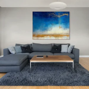 Abstract painting with blue sky and golden accents in the upper part of the composition.