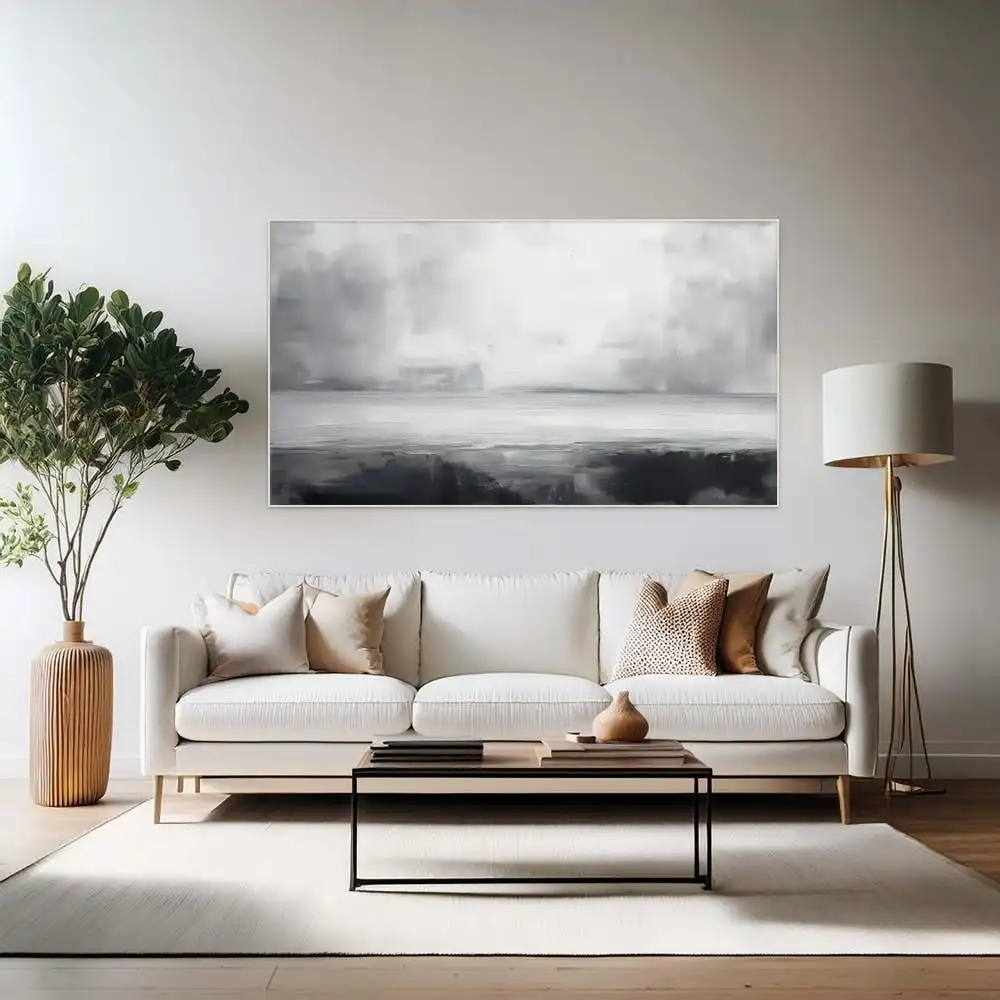 LEERE – ABSTRAKTES BILD (GAA 169) 2 Das abstrakte Acrylbild in Schwarz-Weiß zeigt eine friedliche Landschaft mit subtilen Übergängen zwischen dunklen und hellen Tönen.