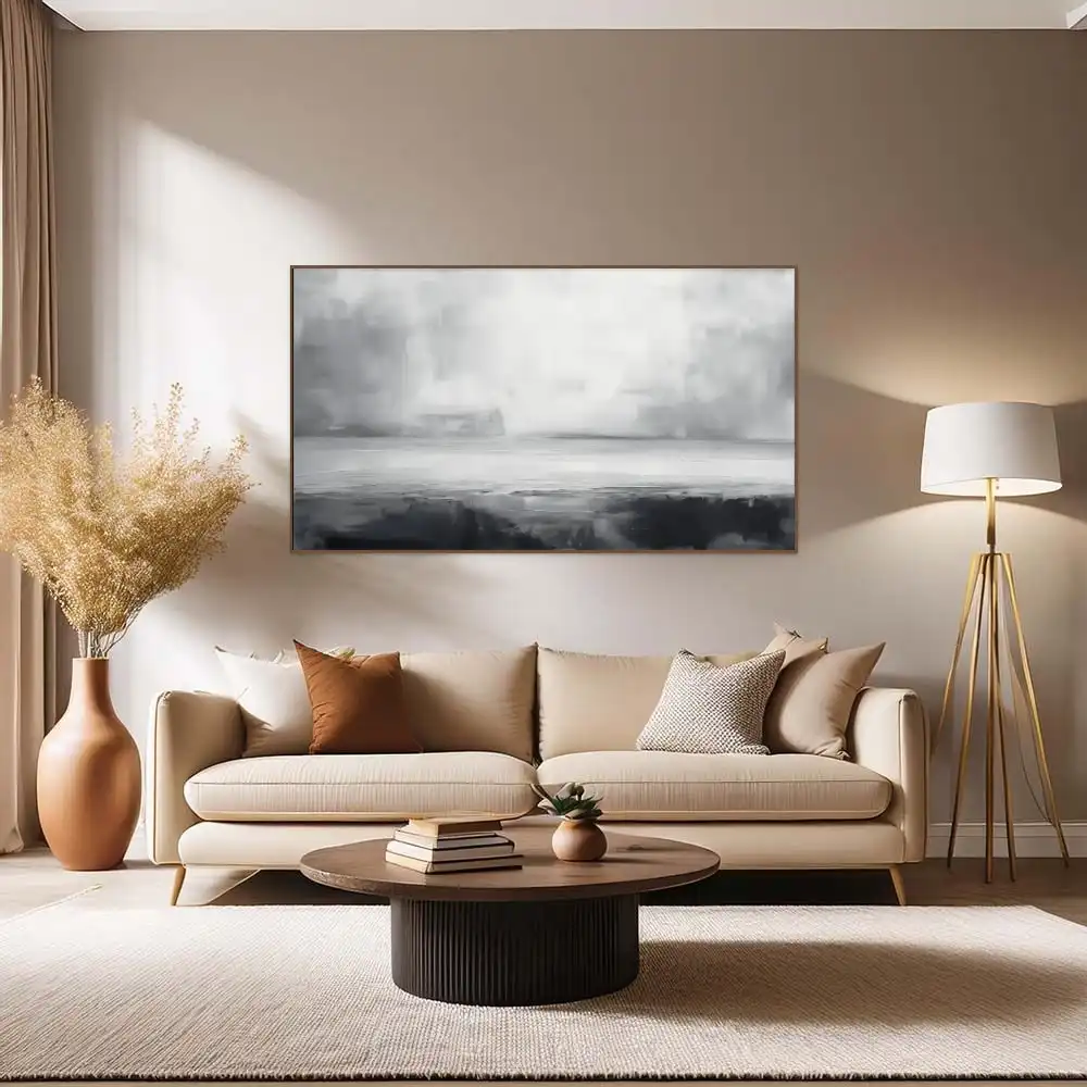 LEERE – ABSTRAKTES BILD (GAA 169) 3 Das abstrakte Acrylbild in Schwarz-Weiß zeigt eine friedliche Landschaft mit subtilen Übergängen zwischen dunklen und hellen Tönen.