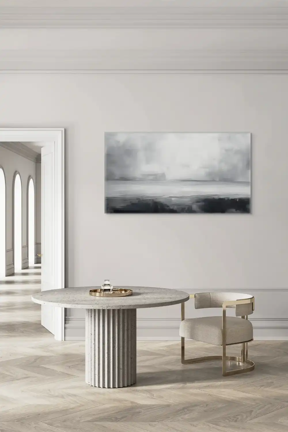 LEERE – ABSTRAKTES BILD (GAA 169) 4 Das abstrakte Acrylbild in Schwarz-Weiß zeigt eine friedliche Landschaft mit subtilen Übergängen zwischen dunklen und hellen Tönen.