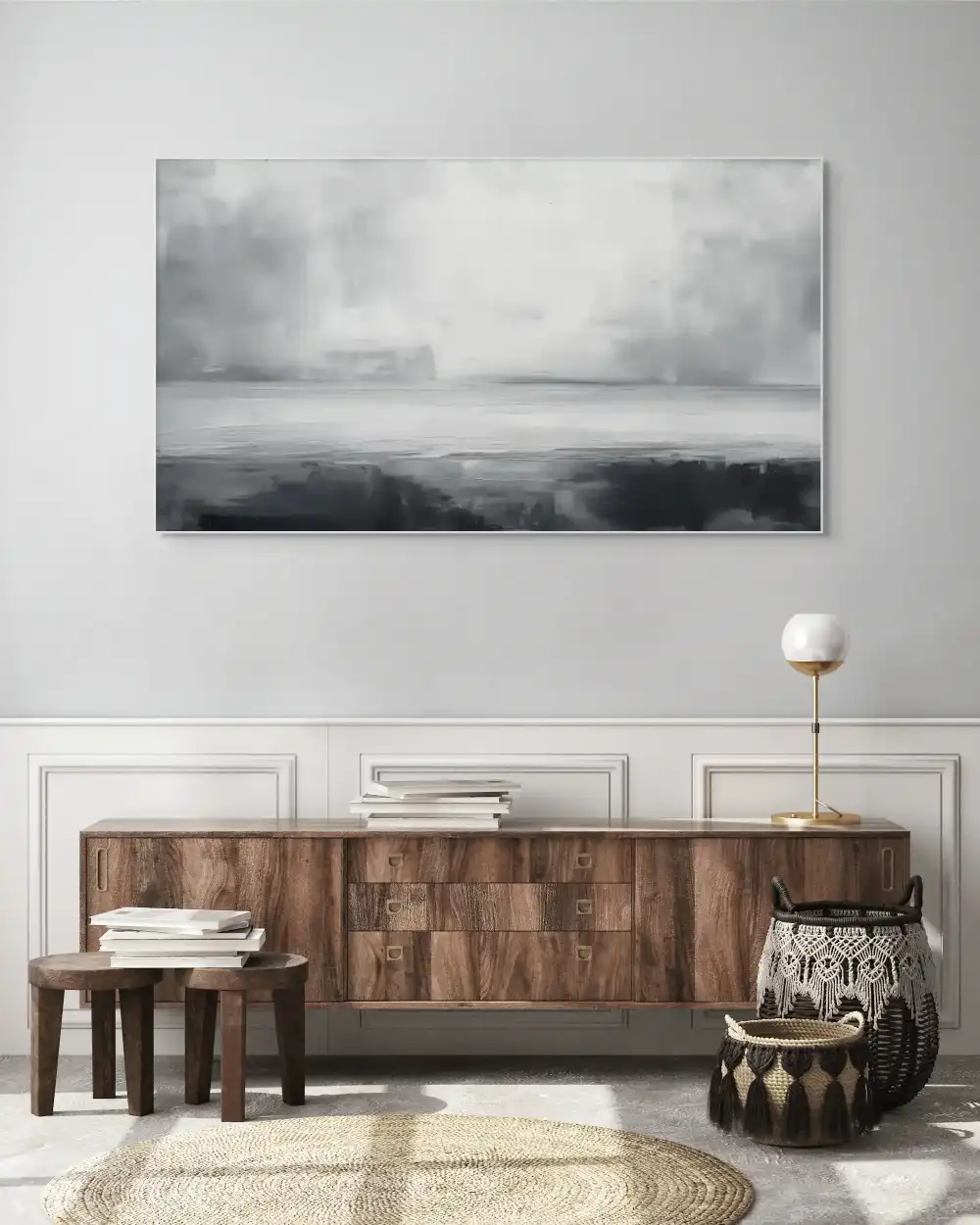 LEERE – ABSTRAKTES BILD (GAA 169) 5 Das abstrakte Acrylbild in Schwarz-Weiß zeigt eine friedliche Landschaft mit subtilen Übergängen zwischen dunklen und hellen Tönen.