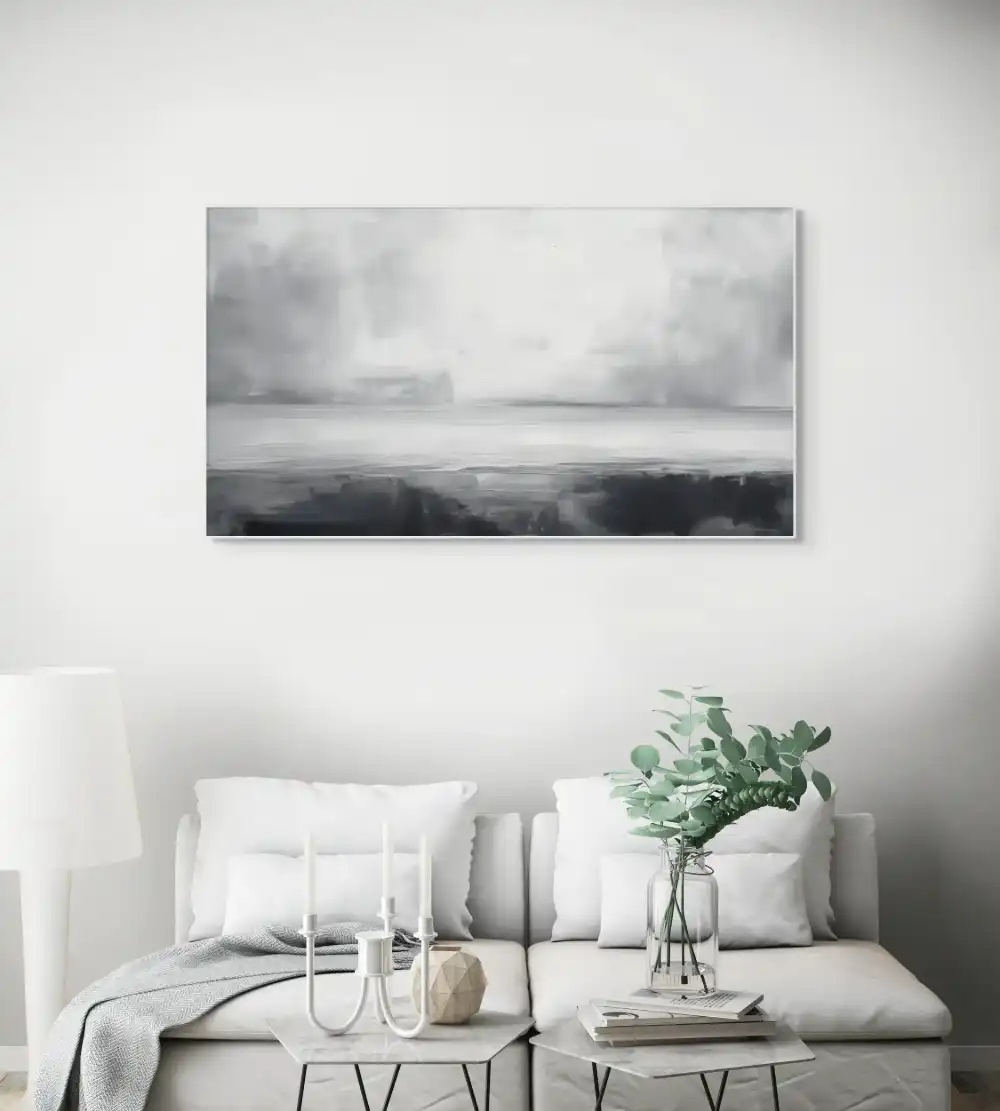 LEERE – ABSTRAKTES BILD (GAA 169) 6 Das abstrakte Acrylbild in Schwarz-Weiß zeigt eine friedliche Landschaft mit subtilen Übergängen zwischen dunklen und hellen Tönen.