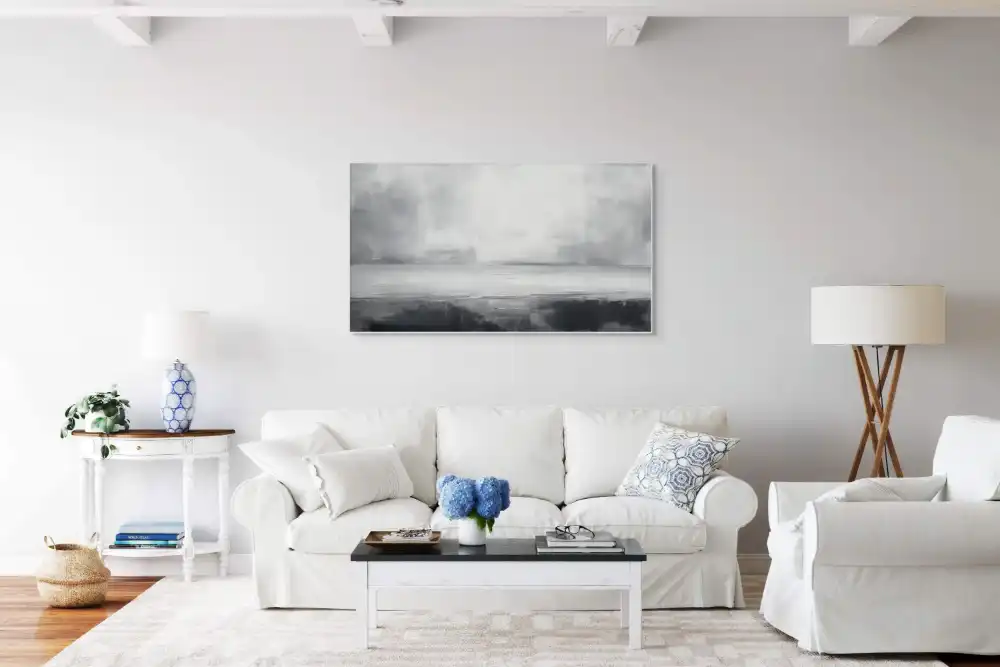 LEERE – ABSTRAKTES BILD (GAA 169) 7 Das abstrakte Acrylbild in Schwarz-Weiß zeigt eine friedliche Landschaft mit subtilen Übergängen zwischen dunklen und hellen Tönen.