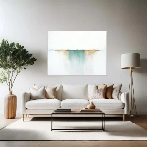 This abstract painting with a minimalist character uses subtle transitions between white, blue and gold.