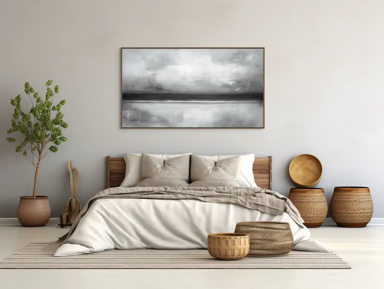 SEA FOG - ABSTRACT PAINTING (HAA 169) 5 Modern abstract landscape painting in black and white creates a quiet and meditative atmosphere.