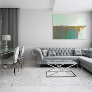 Abstract acrylic painting in green and white depicts subtle transitions between warm and cold tones.