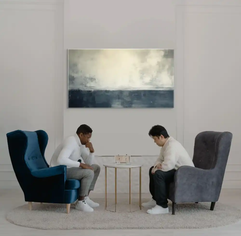 HORIZONT - ABSTRAKTNÍ OBRAZ (IAA 169) 6 An abstract painting with tranquility and harmony, it uses soft blue and beige tones to create a relaxed atmosphere.