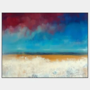 Abstraktní obraz imaginární krajiny v odstínech modré, červené a okrové.