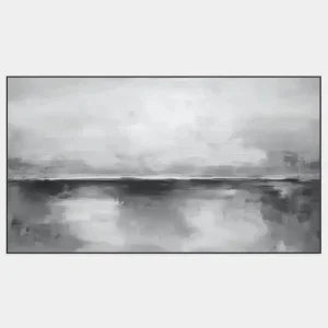 The abstract image of the landscape in black and white tones evokes a peaceful natural scenery.