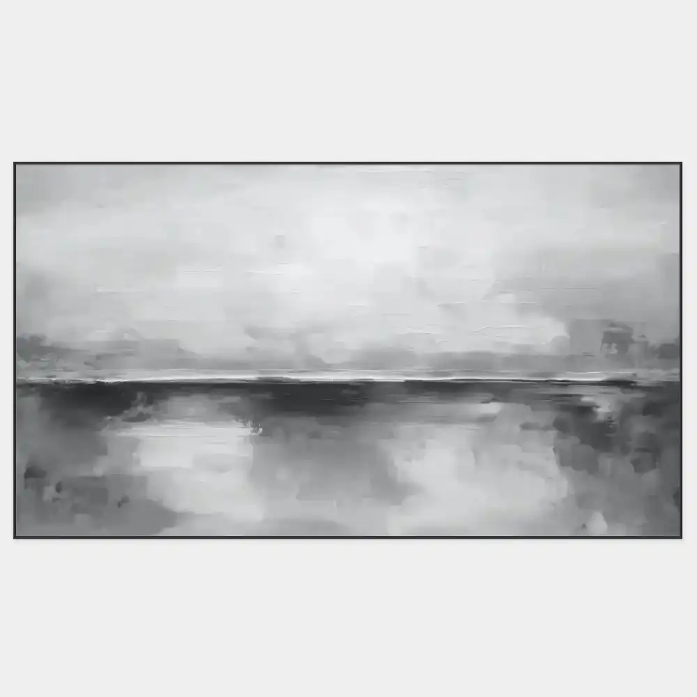 FOG HORIZON - ABSTRACT PAINTING (FAA 169) 1 The abstract image of the landscape in black and white tones evokes a peaceful natural scenery.