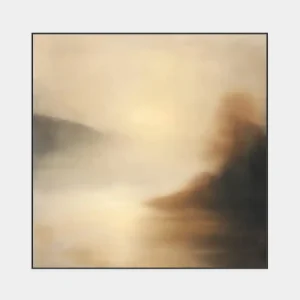 Abstraktní obraz krajiny v mlze navozuje tichou atmosféru s jemnými tóny a světlem.