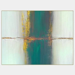 Abstract painting on canvas painted with strong textures and a combination of green and yellow tones.