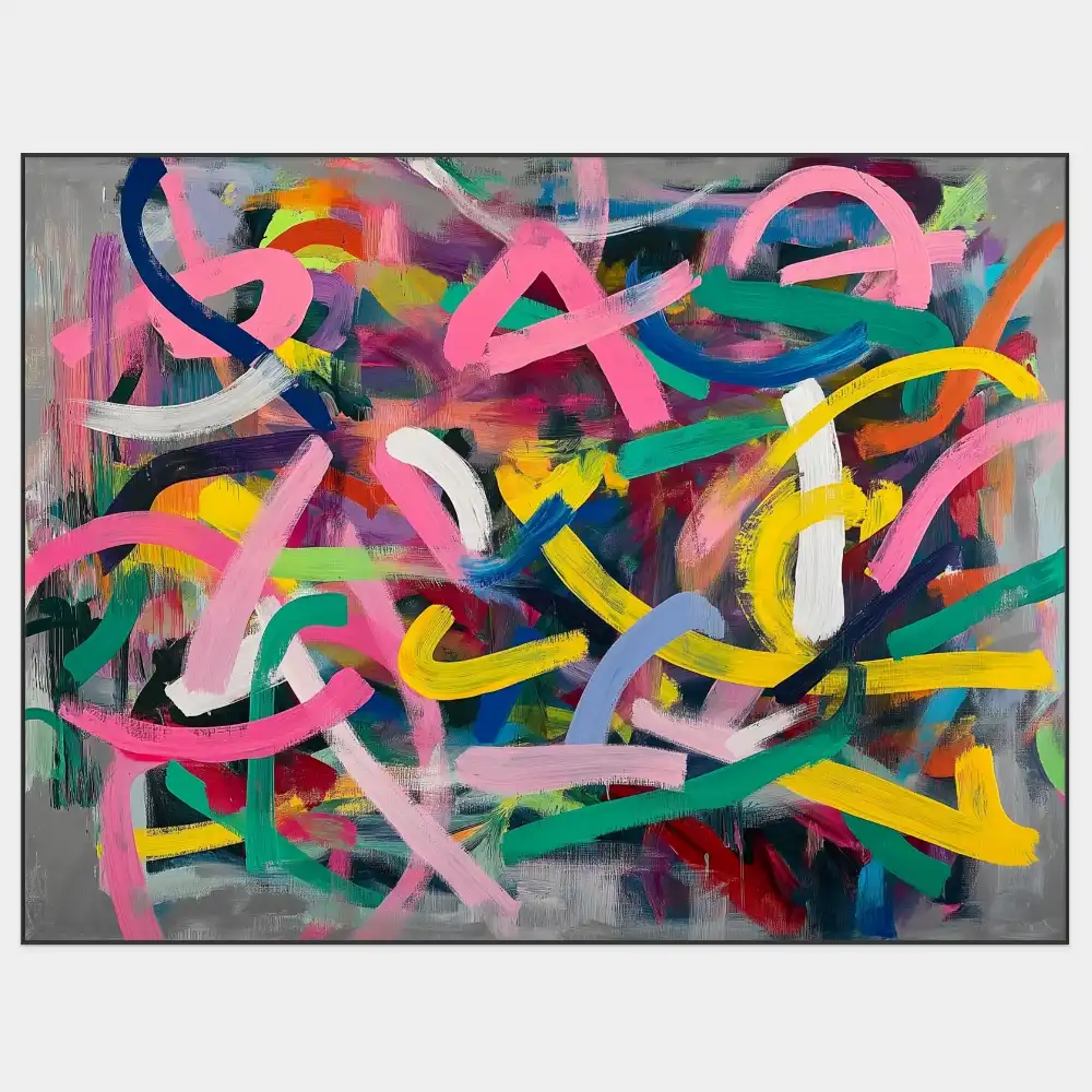 RHAPSODY OF COLOURS - ABSTRACT PAINTING (BAA 118) 1 Abstract painting on canvas with strong colour strokes and grey background.