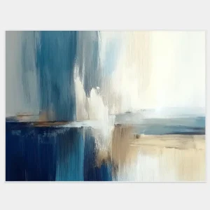 The abstract landscape-like painting depicts calm blue-beige gradients and subtle details.